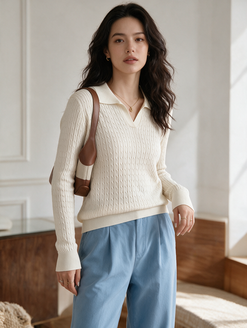 Alessandra · Jersey de Punto Trenzado con Cuello Camisero