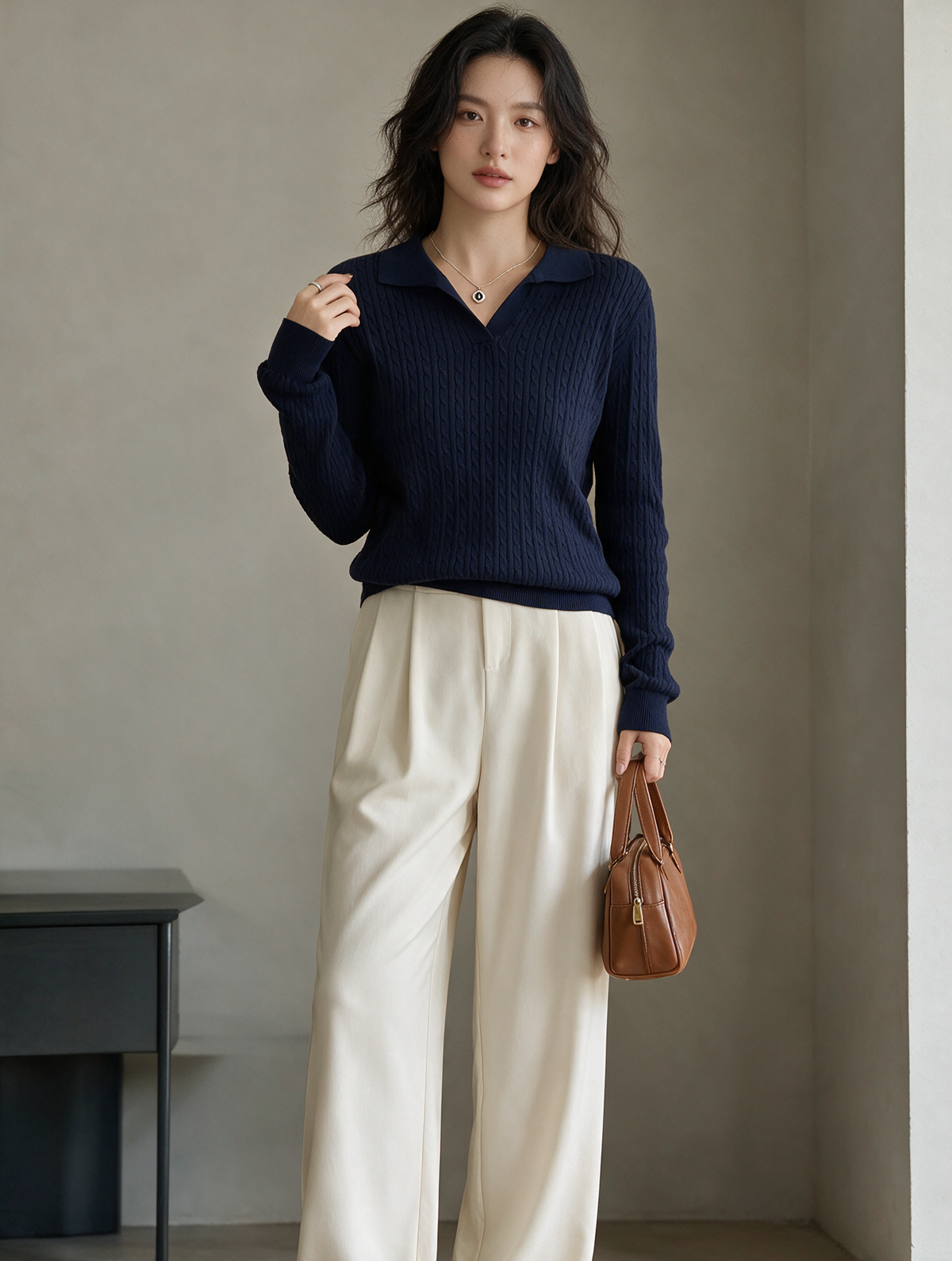Alessandra · Jersey de Punto Trenzado con Cuello Camisero